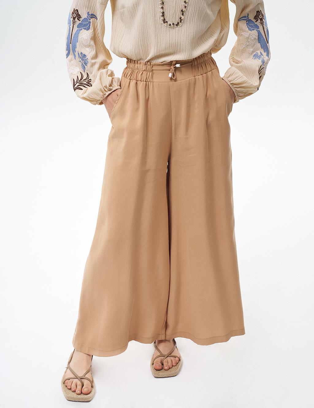 Elasticated Wide Leg Pants Beige