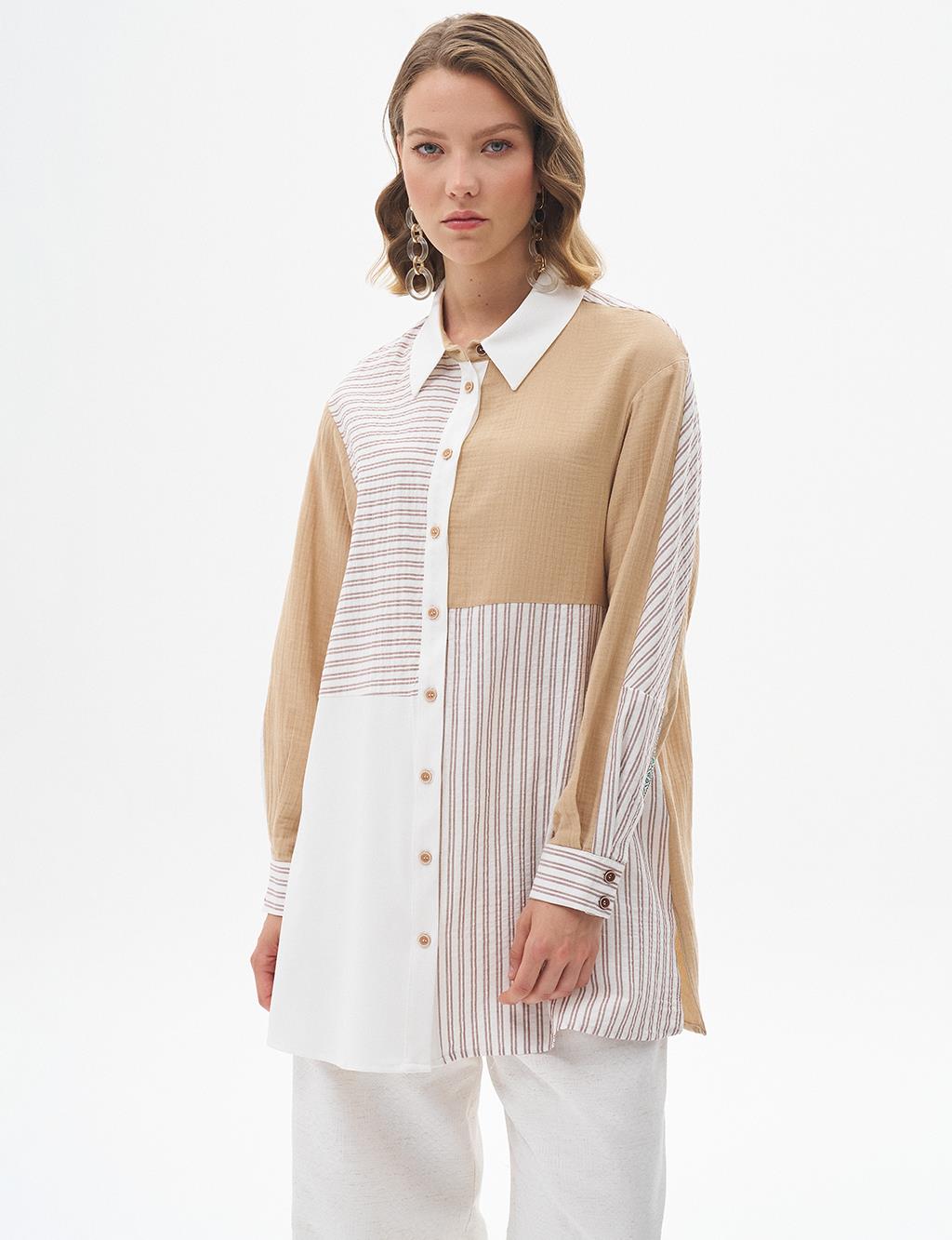 Fabric Garnished Shirt Collar Tunic Beige