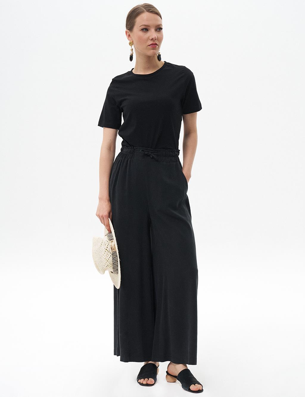 Elastic Waist Wide-Leg Rayon Pants Black