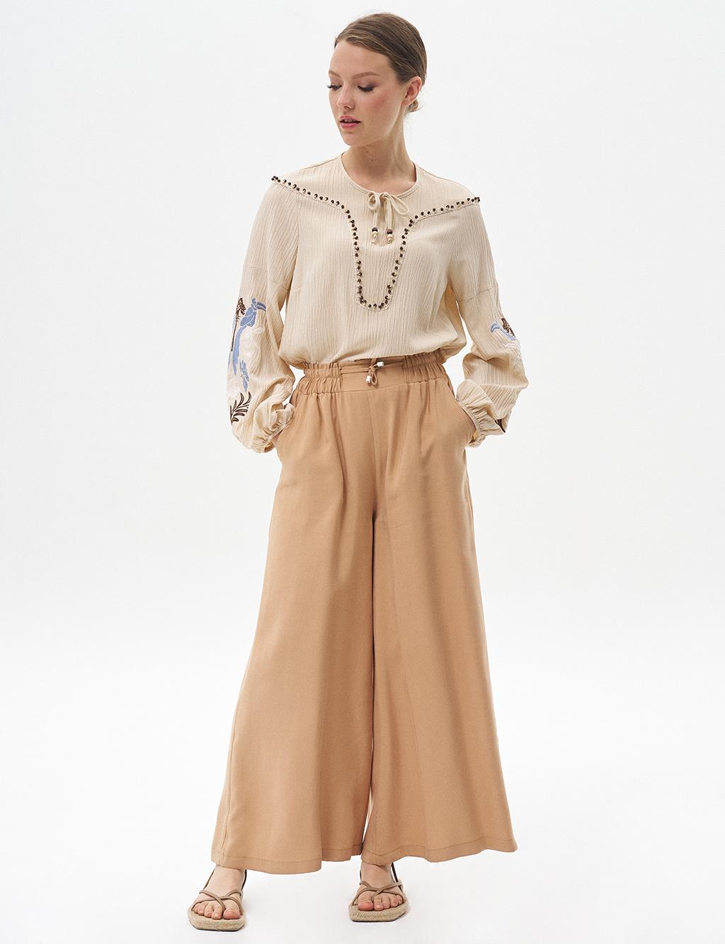 Elasticated Wide Leg Pants Beige