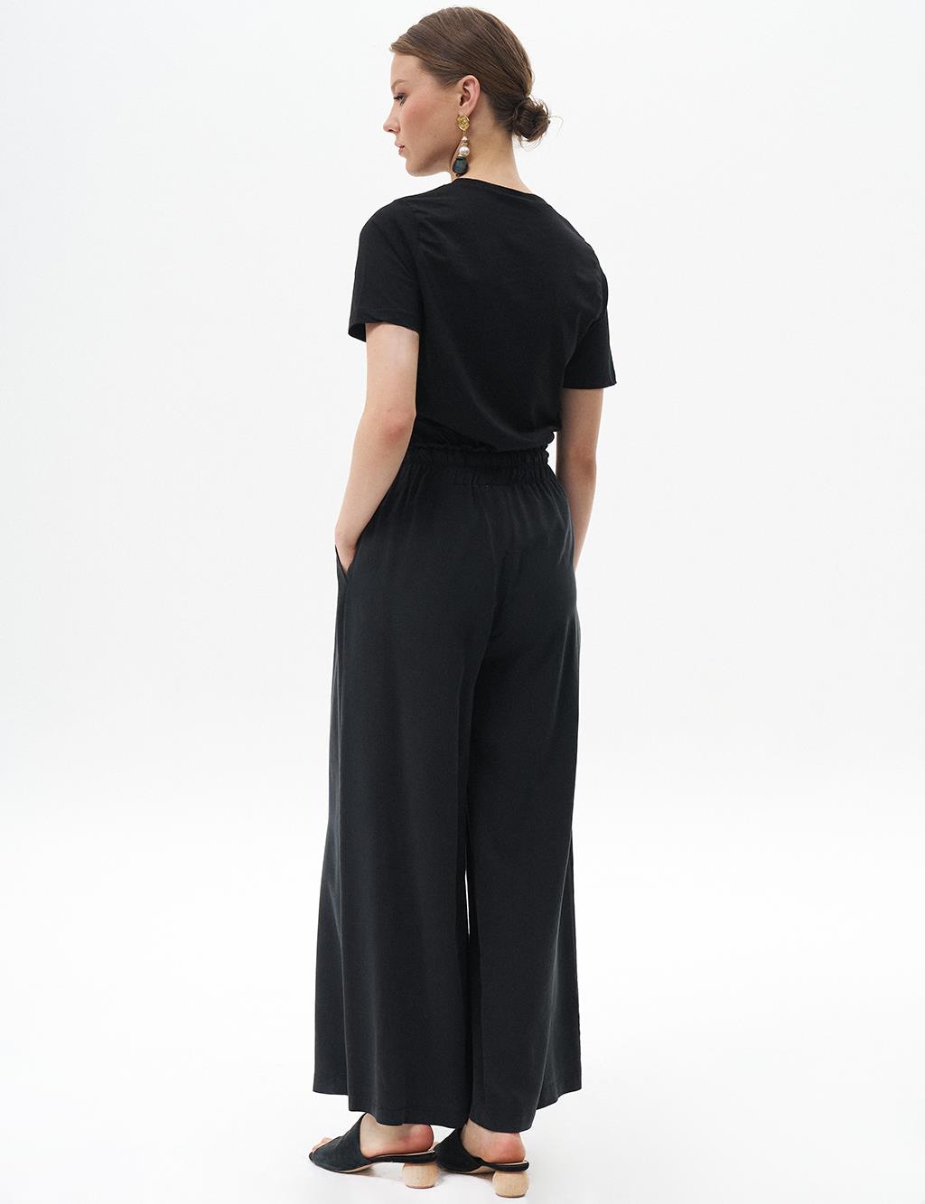 Elastic Waist Wide-Leg Rayon Pants Black