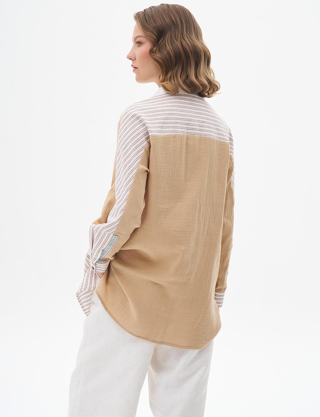 Fabric Garnished Shirt Collar Tunic Beige