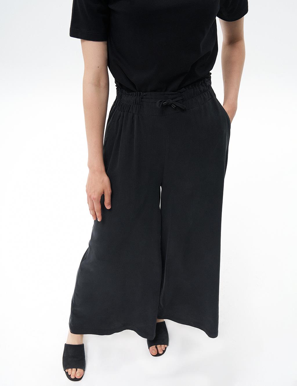 Elastic Waist Wide-Leg Rayon Pants Black