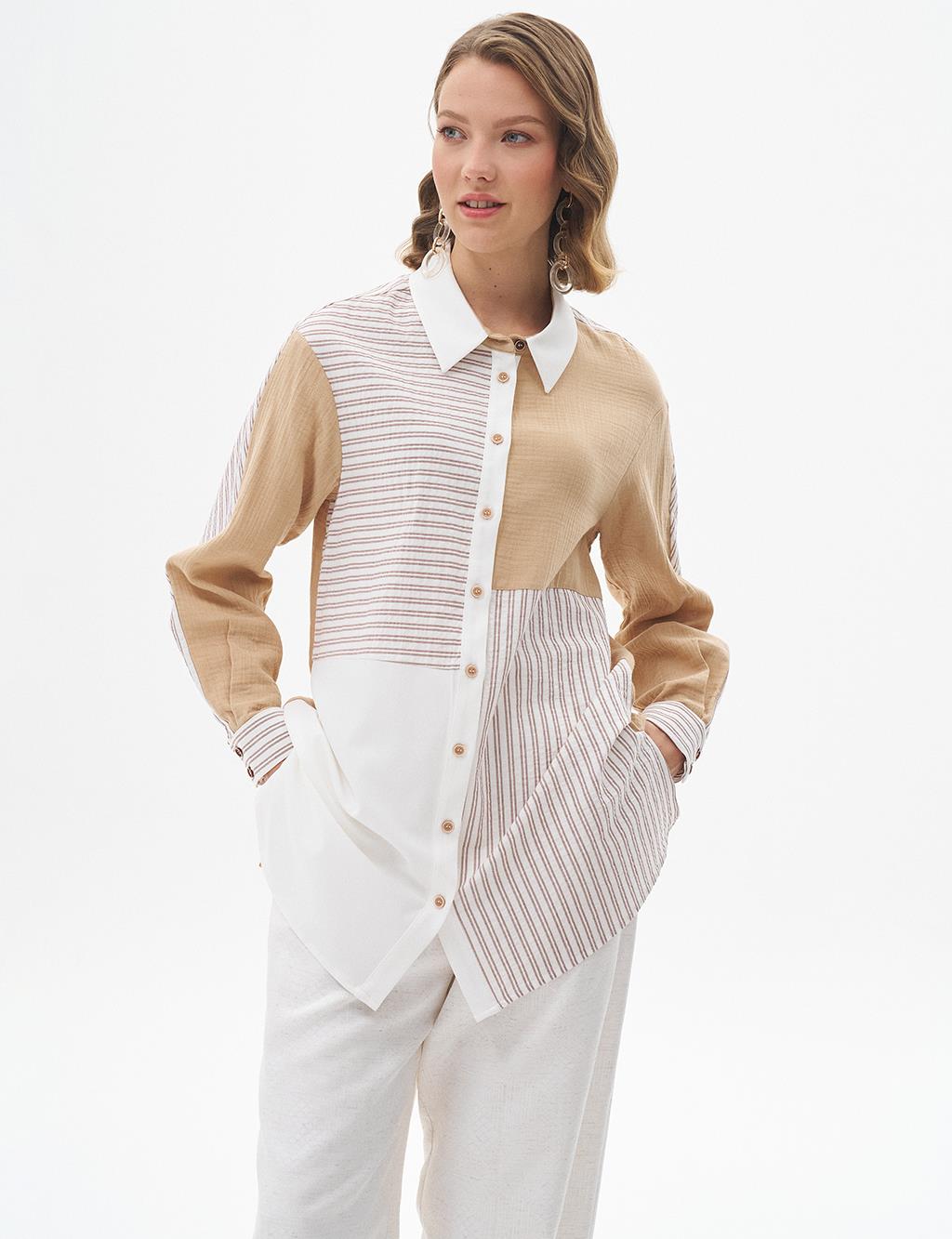 Fabric Garnished Shirt Collar Tunic Beige