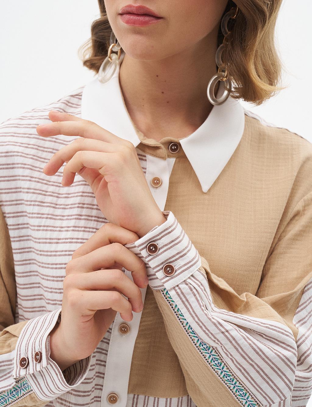 Fabric Garnished Shirt Collar Tunic Beige