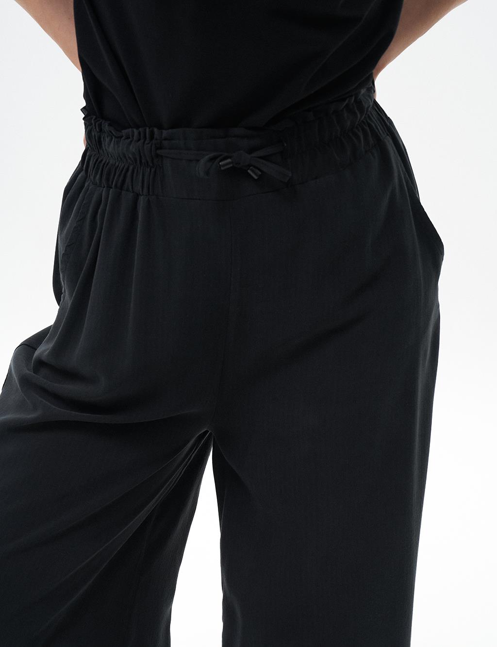 Elastic Waist Wide-Leg Rayon Pants Black