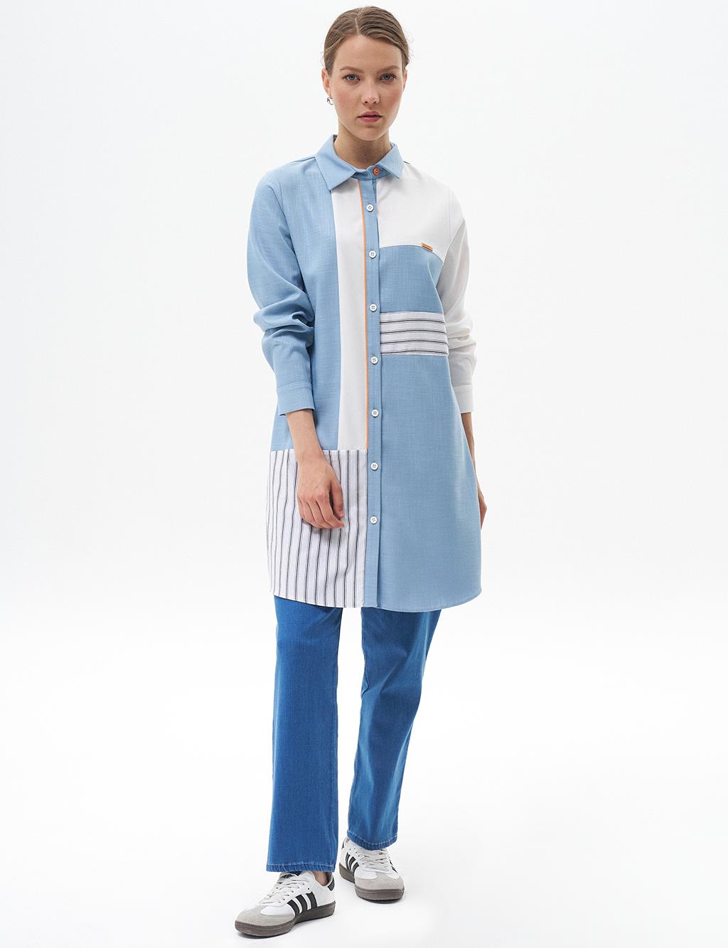 Çizgi Desen Garnili Tunik Koyu Mavi 