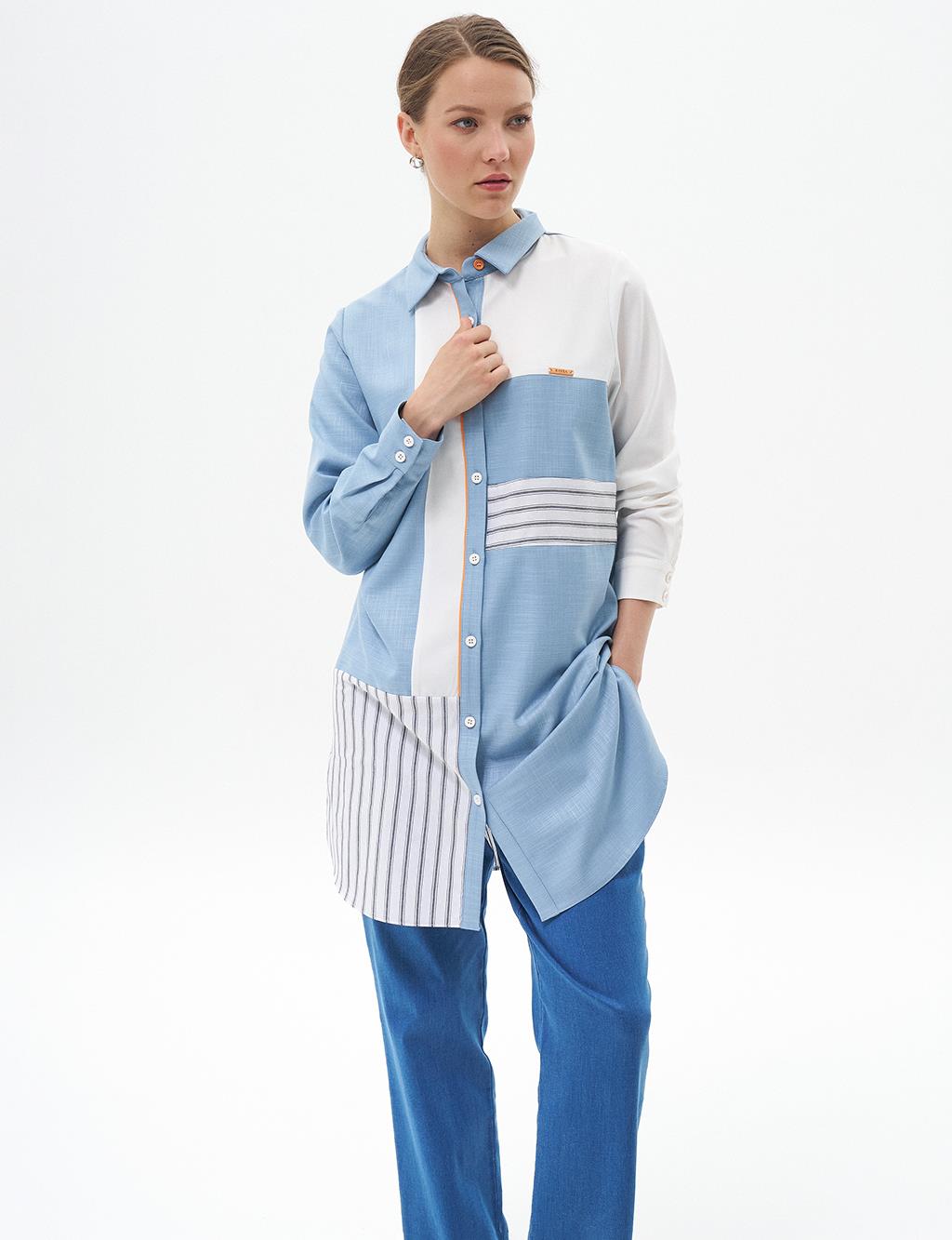 Çizgi Desen Garnili Tunik Koyu Mavi 