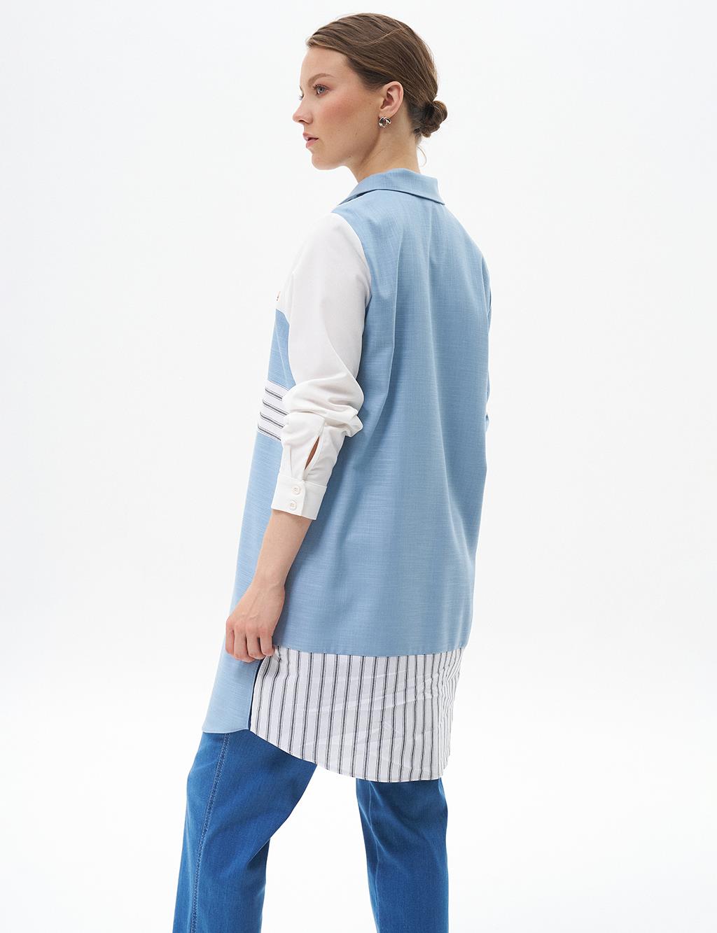 Çizgi Desen Garnili Tunik Koyu Mavi 