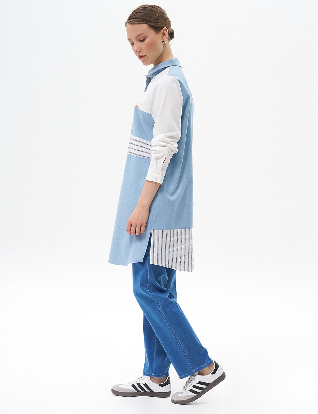 Çizgi Desen Garnili Tunik Koyu Mavi 