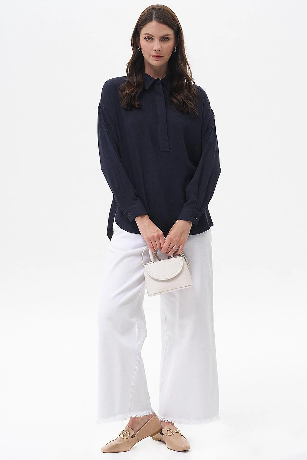 Half Placket Viscose Shirt Navy Blue