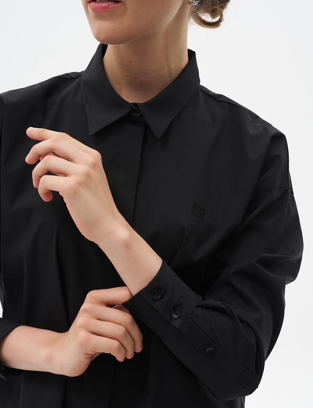 Shirt Collar Basic Poplin Tunic Black