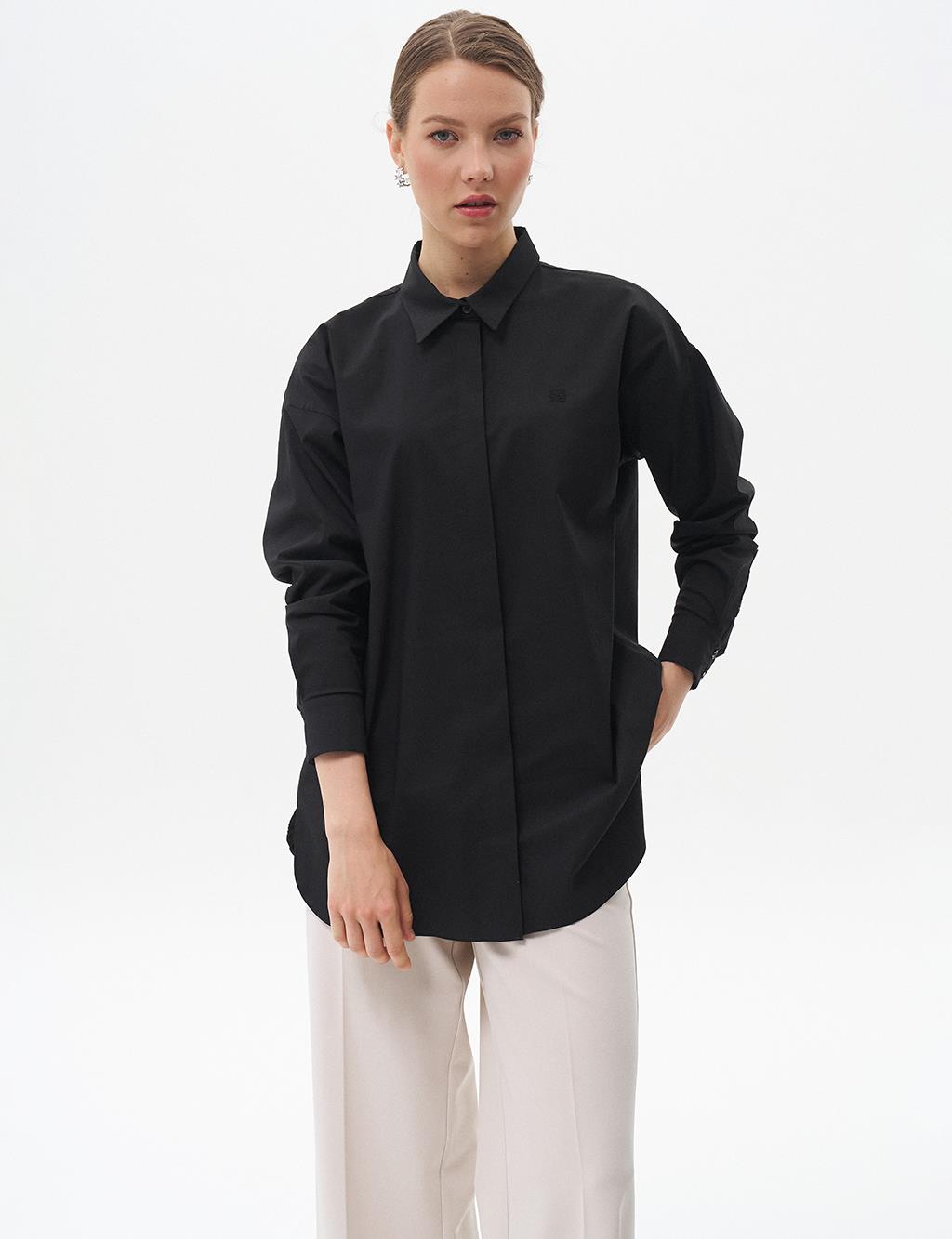 Shirt Collar Basic Poplin Tunic Black