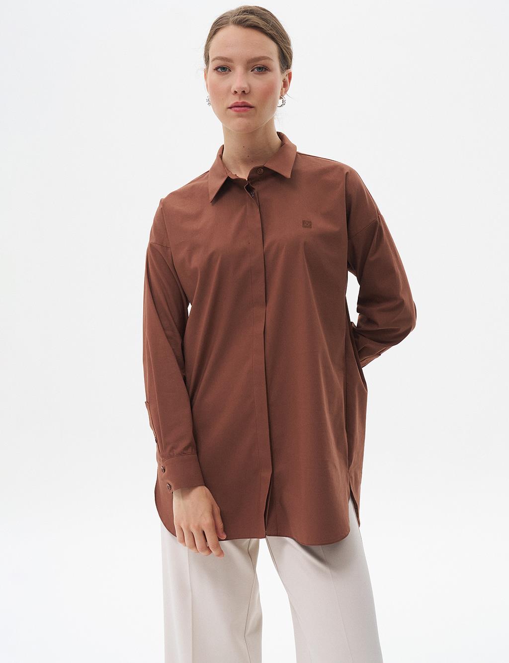 Shirt Collar Basic Poplin Tunic Dark Brown