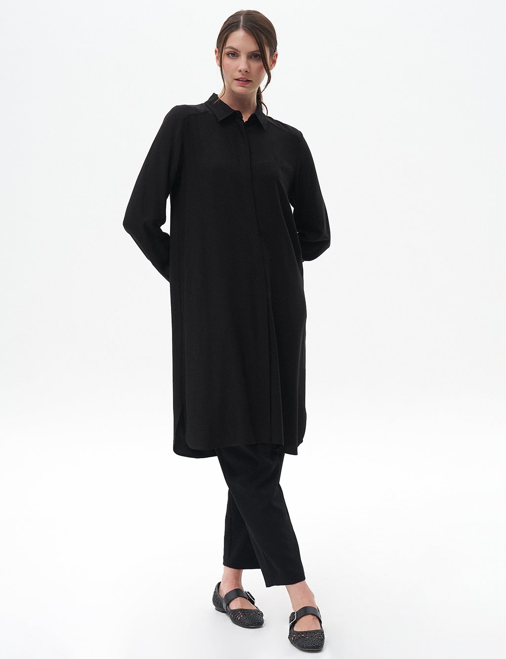 Hidden Placket Long Basic Tunic Black