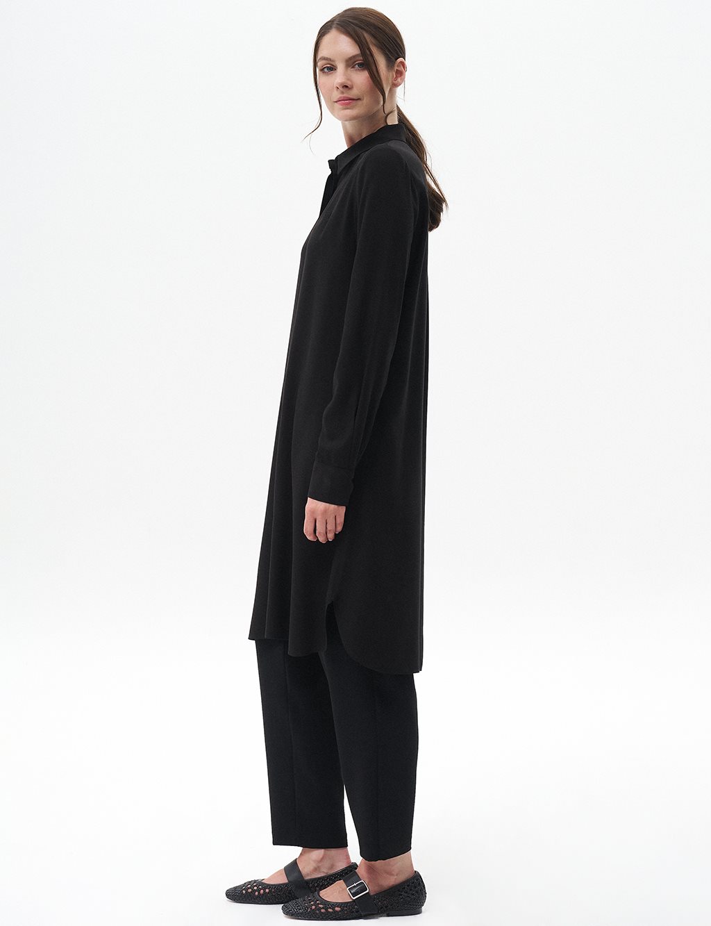 Hidden Placket Long Basic Tunic Black