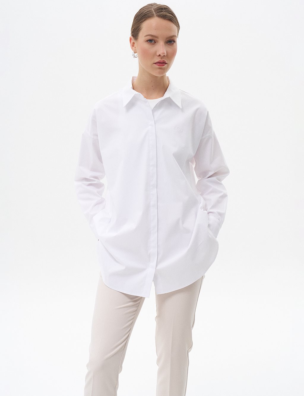 Shirt Collar Basic Poplin Tunic Optical White