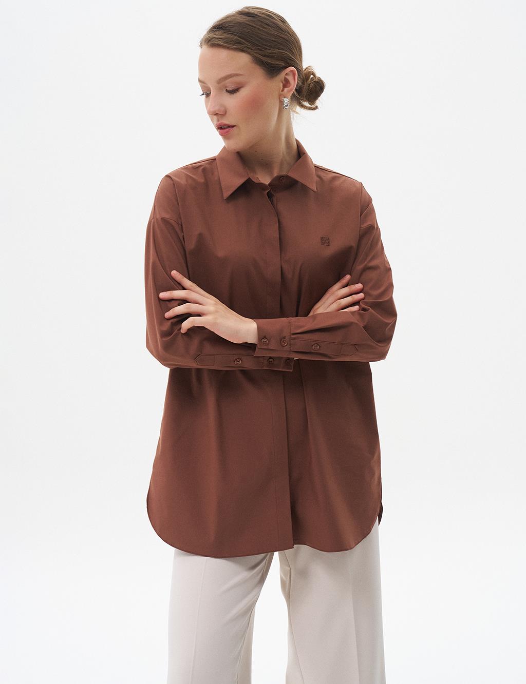 Shirt Collar Basic Poplin Tunic Dark Brown