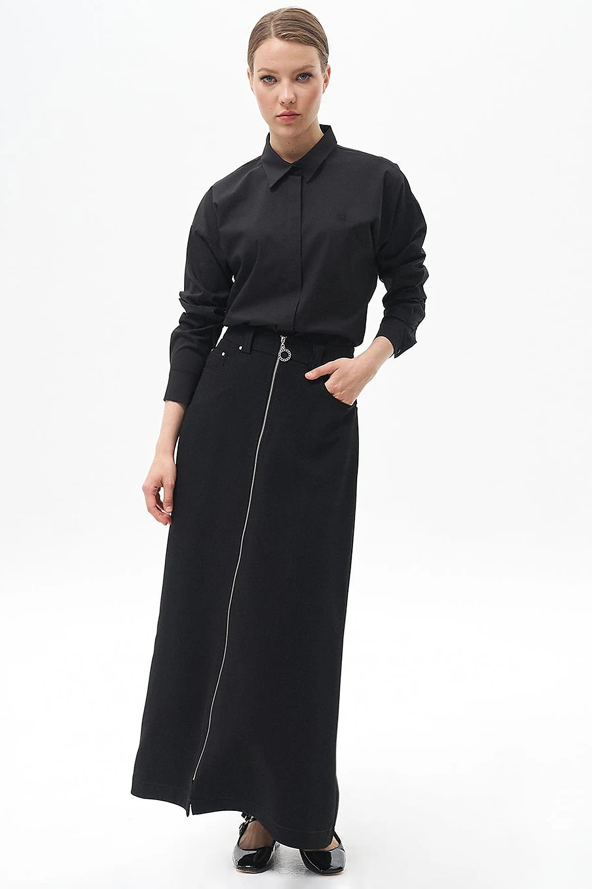 Metal Accessory Flared Skirt Black 