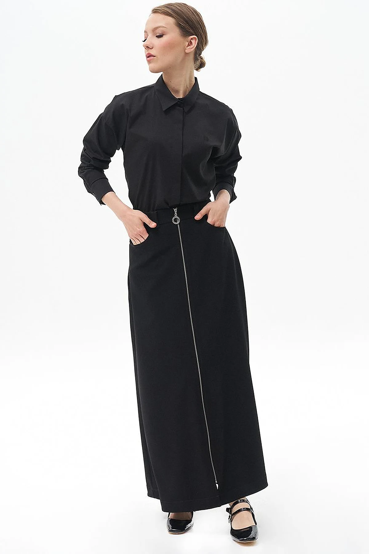 Metal Accessory Flared Skirt Black 