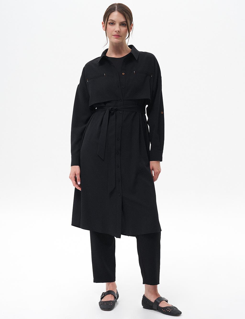 Flap Pocket Long Tunic Black