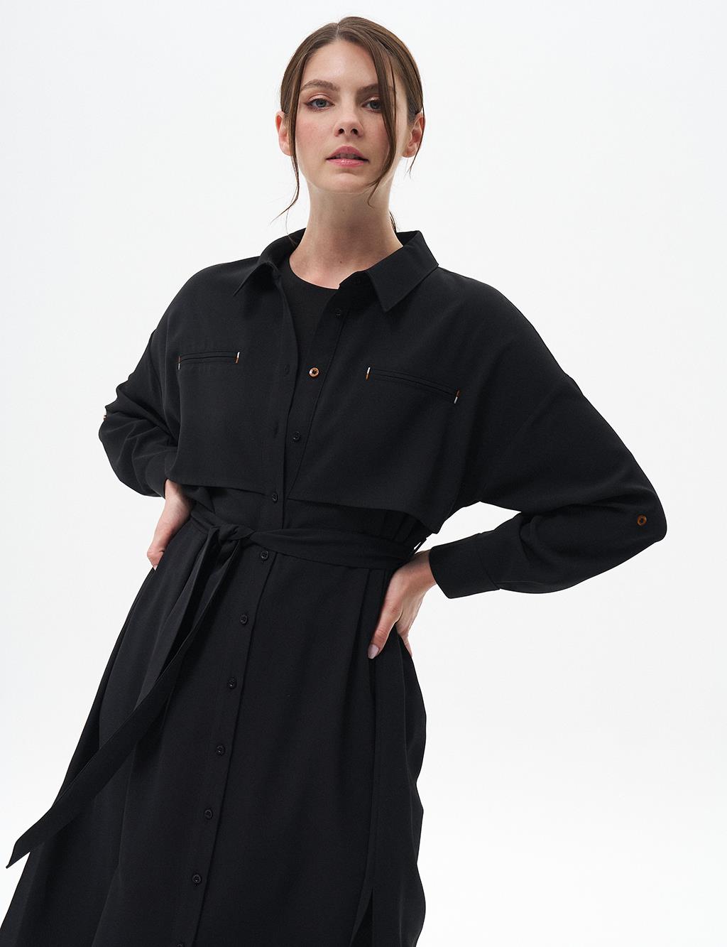 Flap Pocket Long Tunic Black