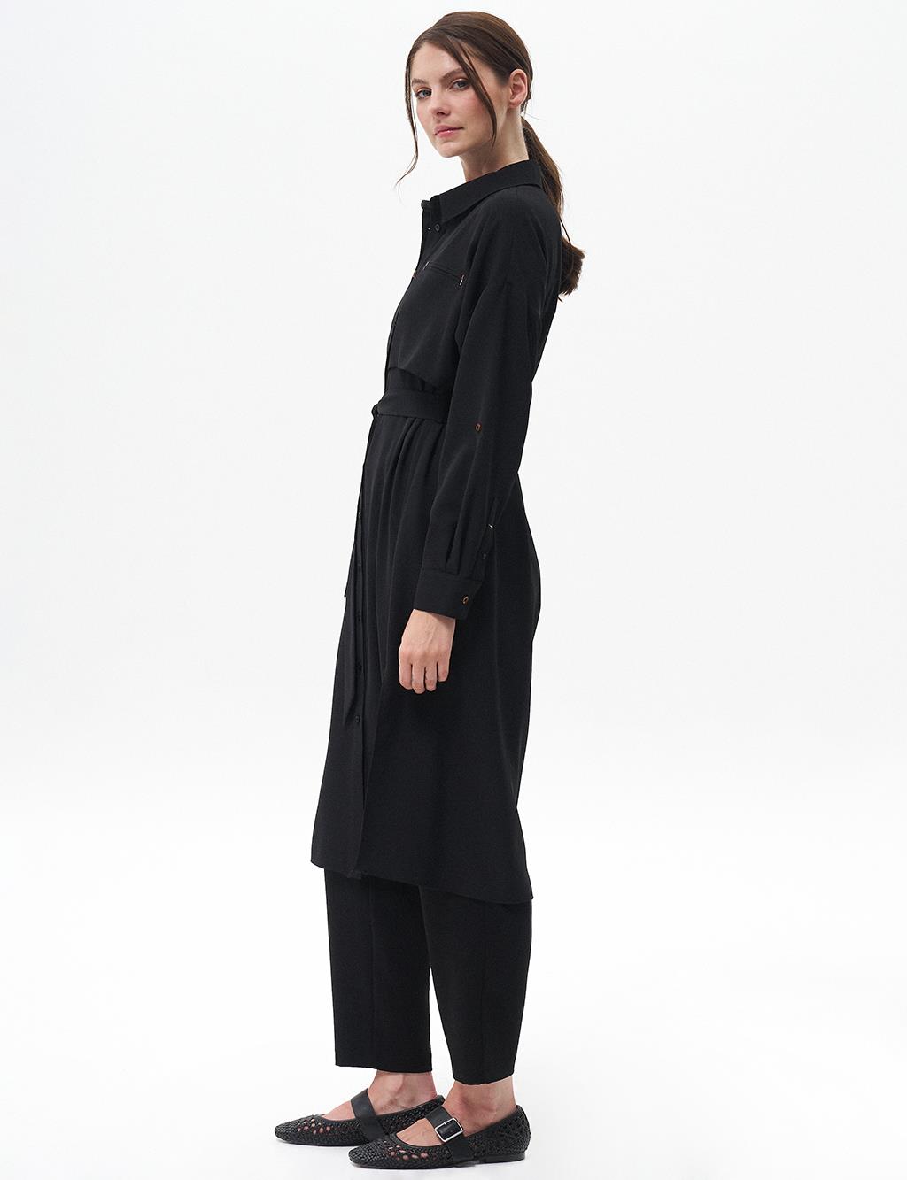 Flap Pocket Long Tunic Black