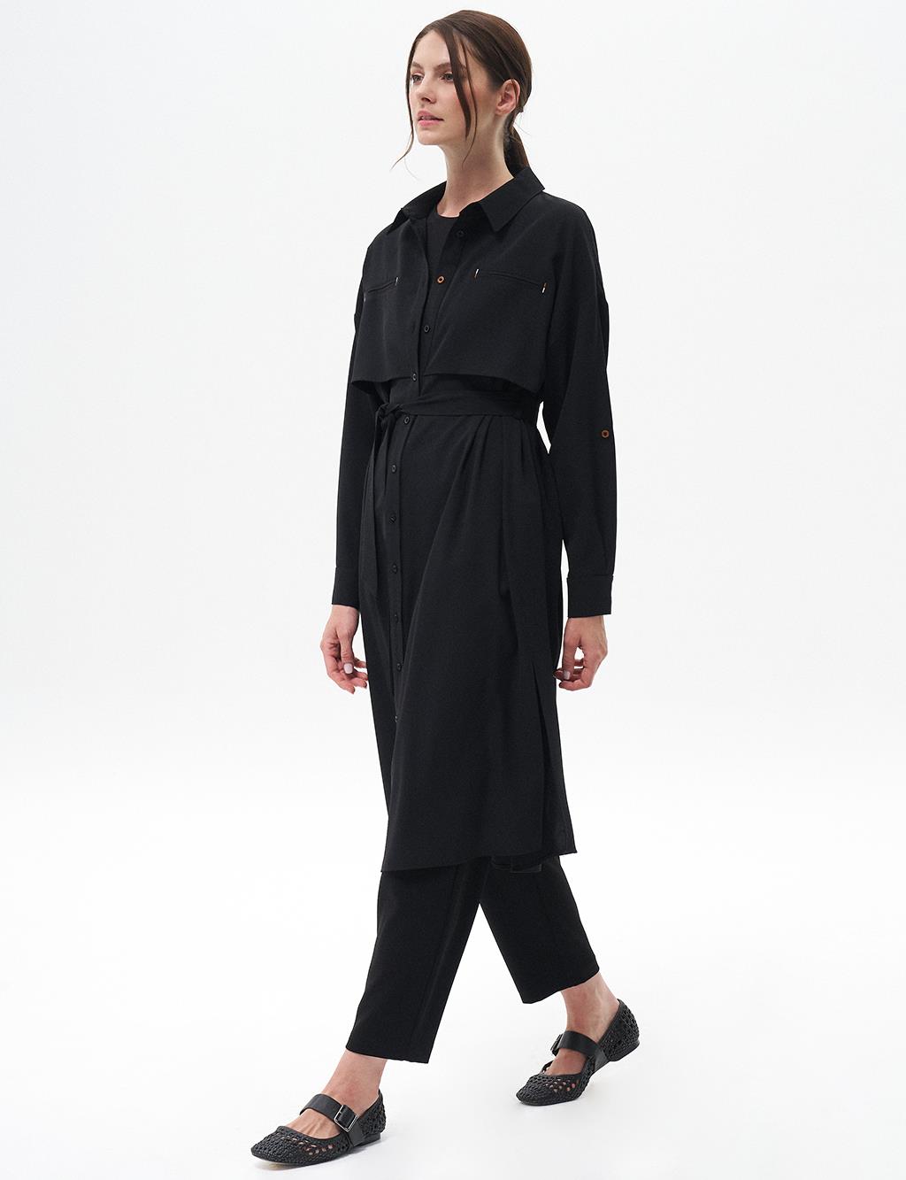 Flap Pocket Long Tunic Black