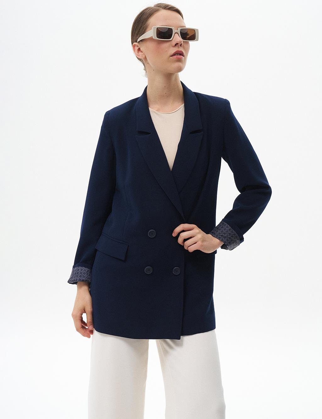 Cover Pocket Crepe Blazer Jacket Navy Blue