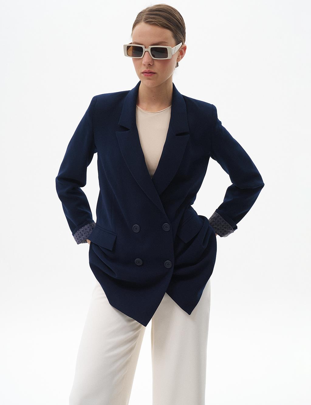 Cover Pocket Crepe Blazer Jacket Navy Blue