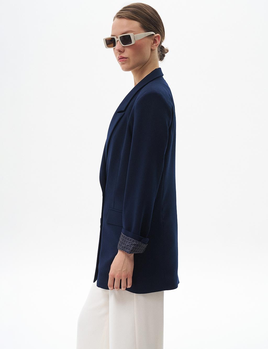 Cover Pocket Crepe Blazer Jacket Navy Blue