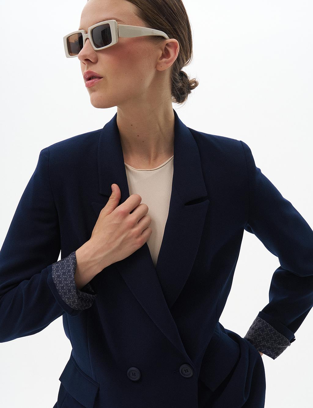 Cover Pocket Crepe Blazer Jacket Navy Blue