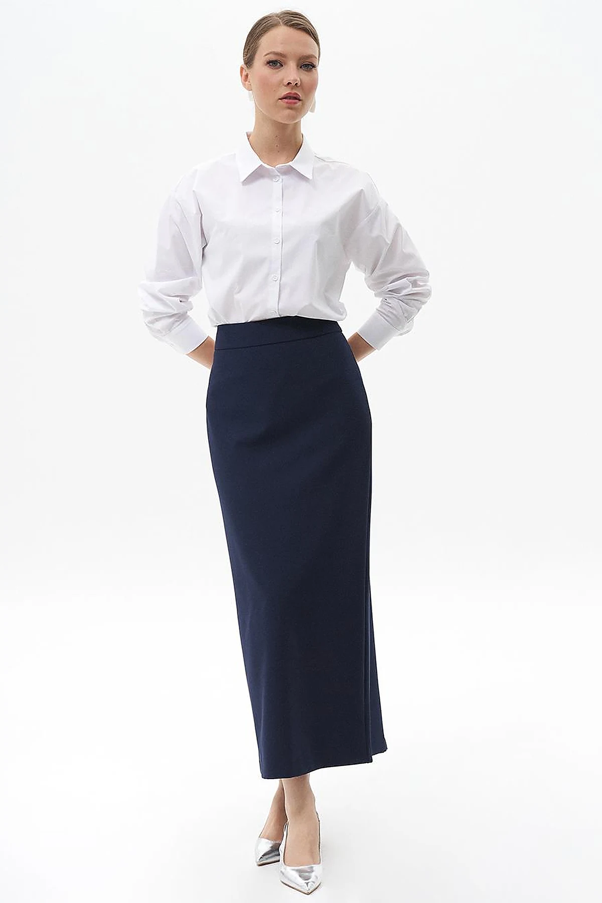 Skirt with Hidden Slit Detail Navy Blue