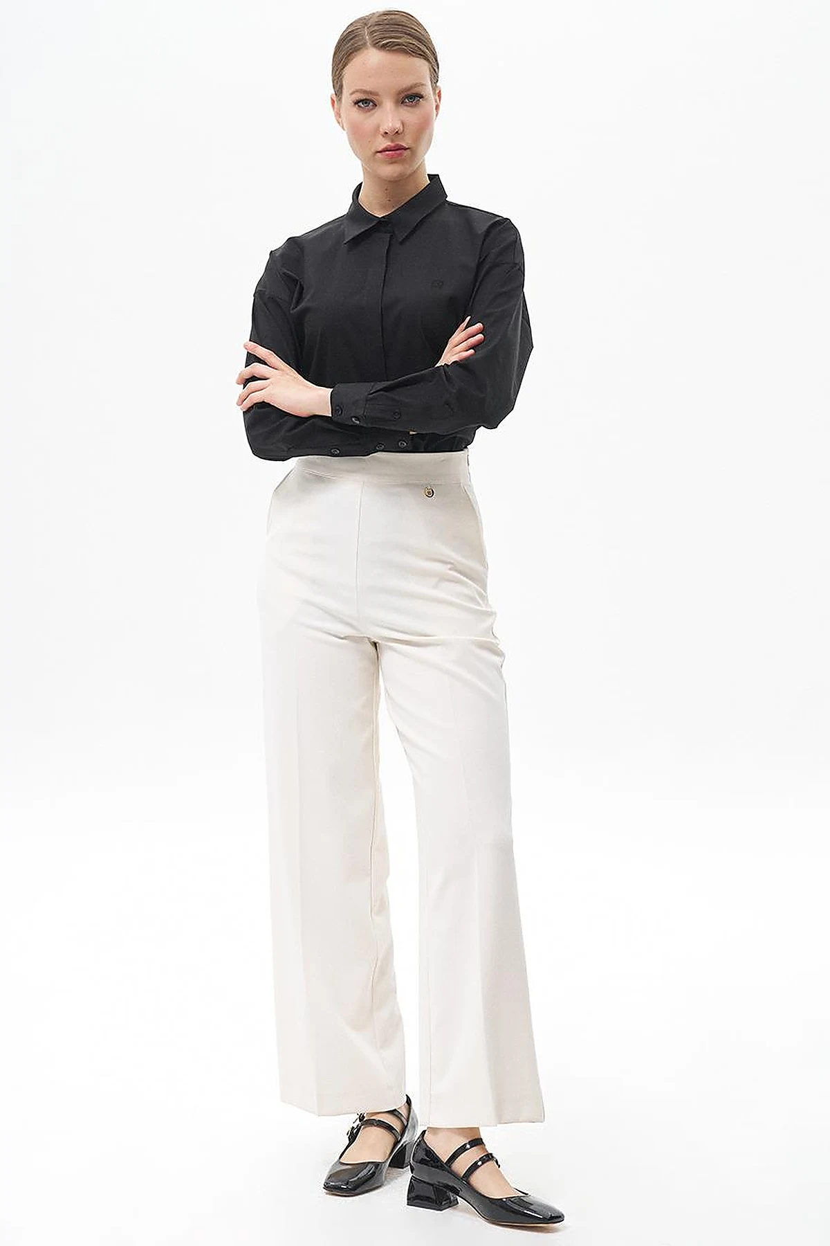 Pressed Crease Wide-Leg Pants Ecru