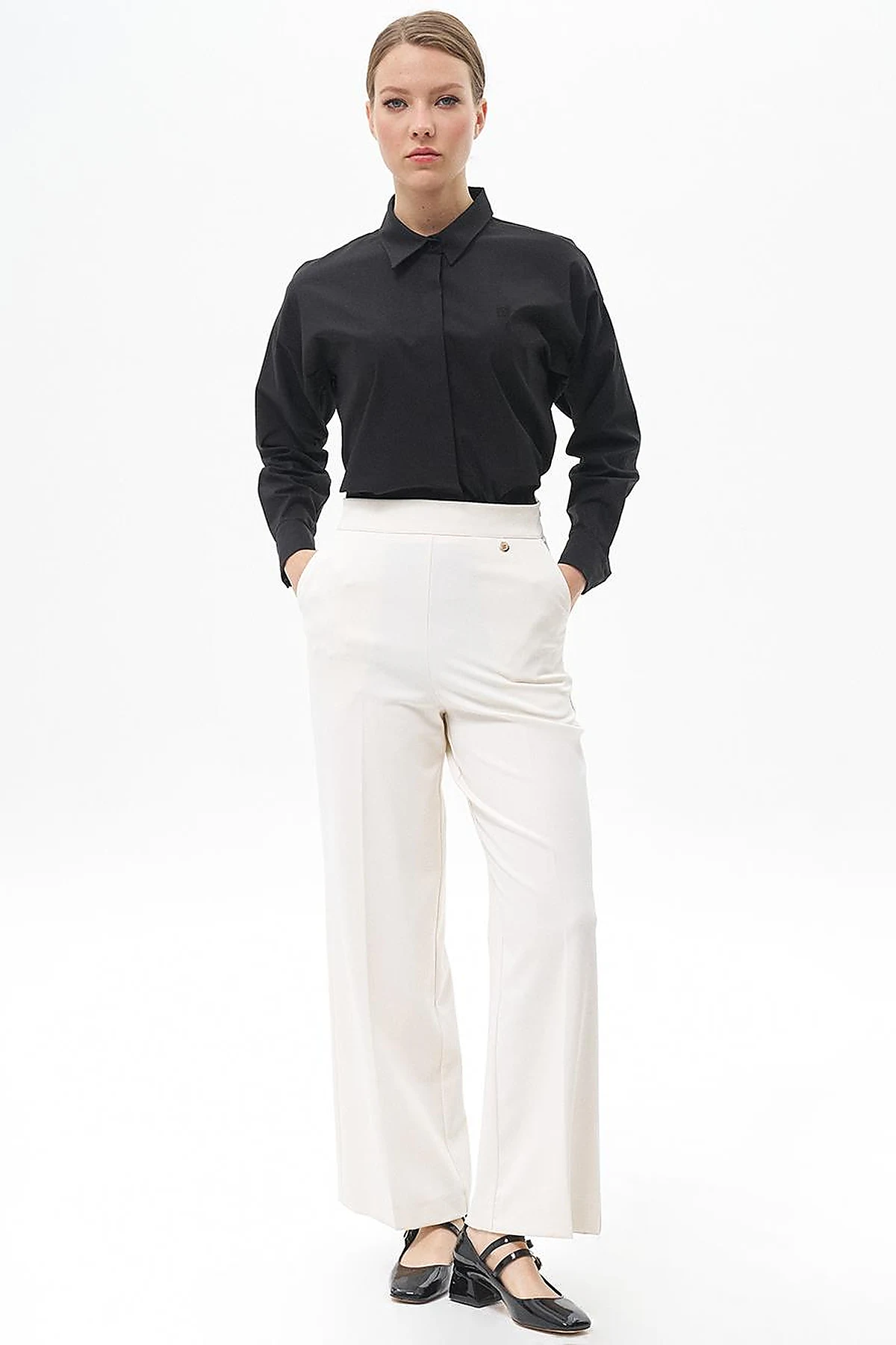 Pressed Crease Wide-Leg Pants Ecru