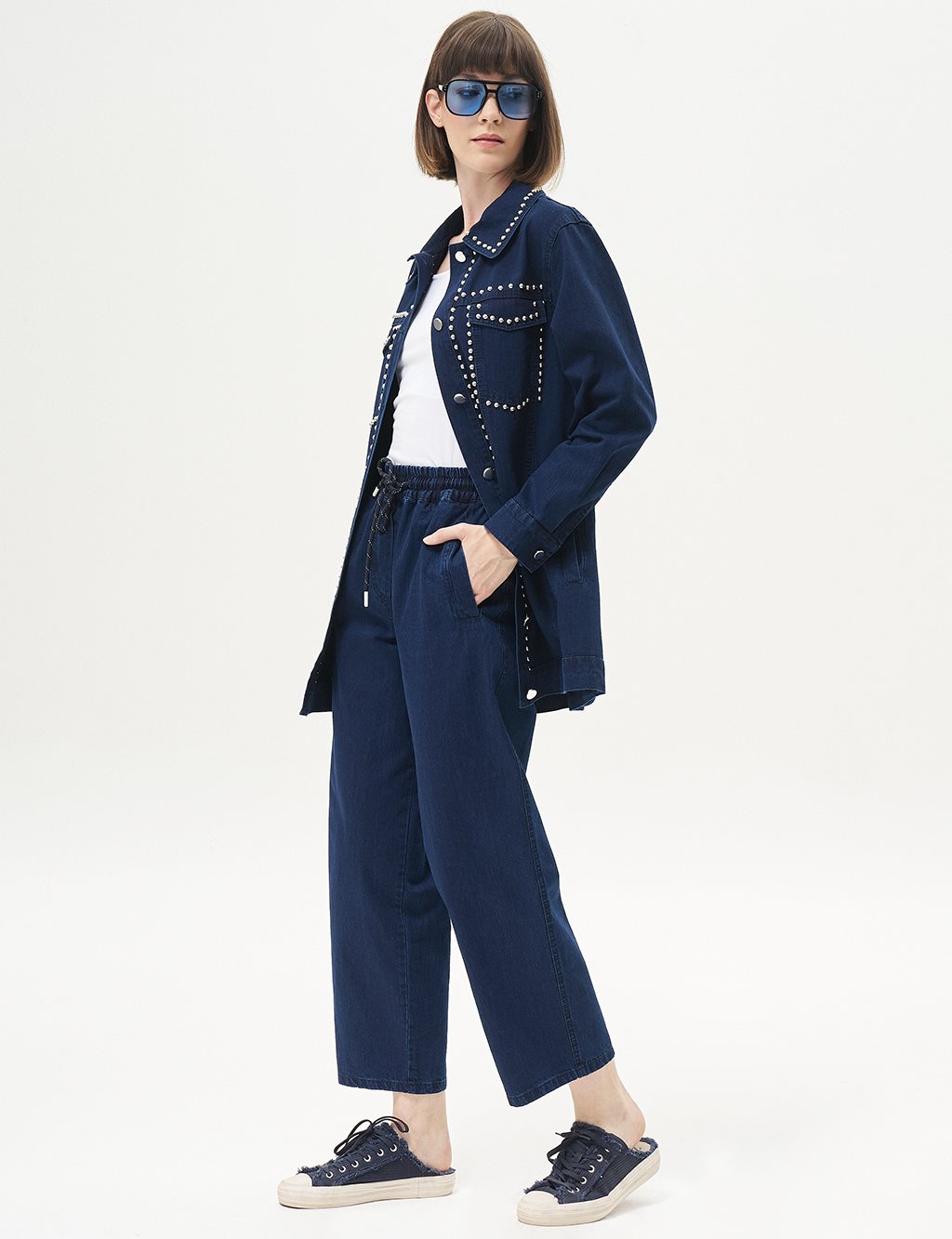 Trok Baskılı Denim Ceket Lacivert