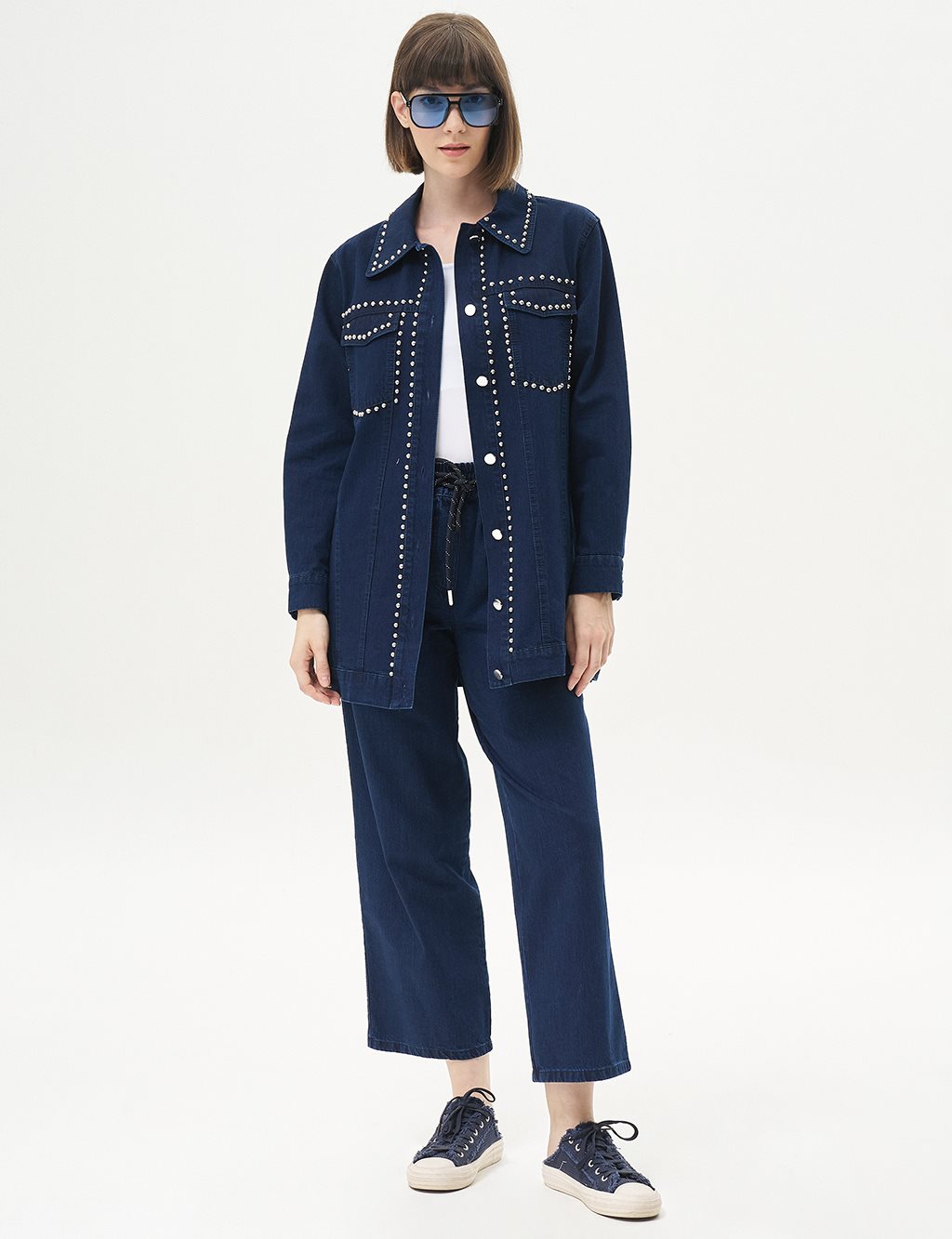 Trok Baskılı Denim Ceket Lacivert