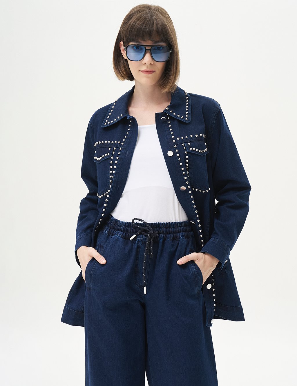 Trok Baskılı Denim Ceket Lacivert
