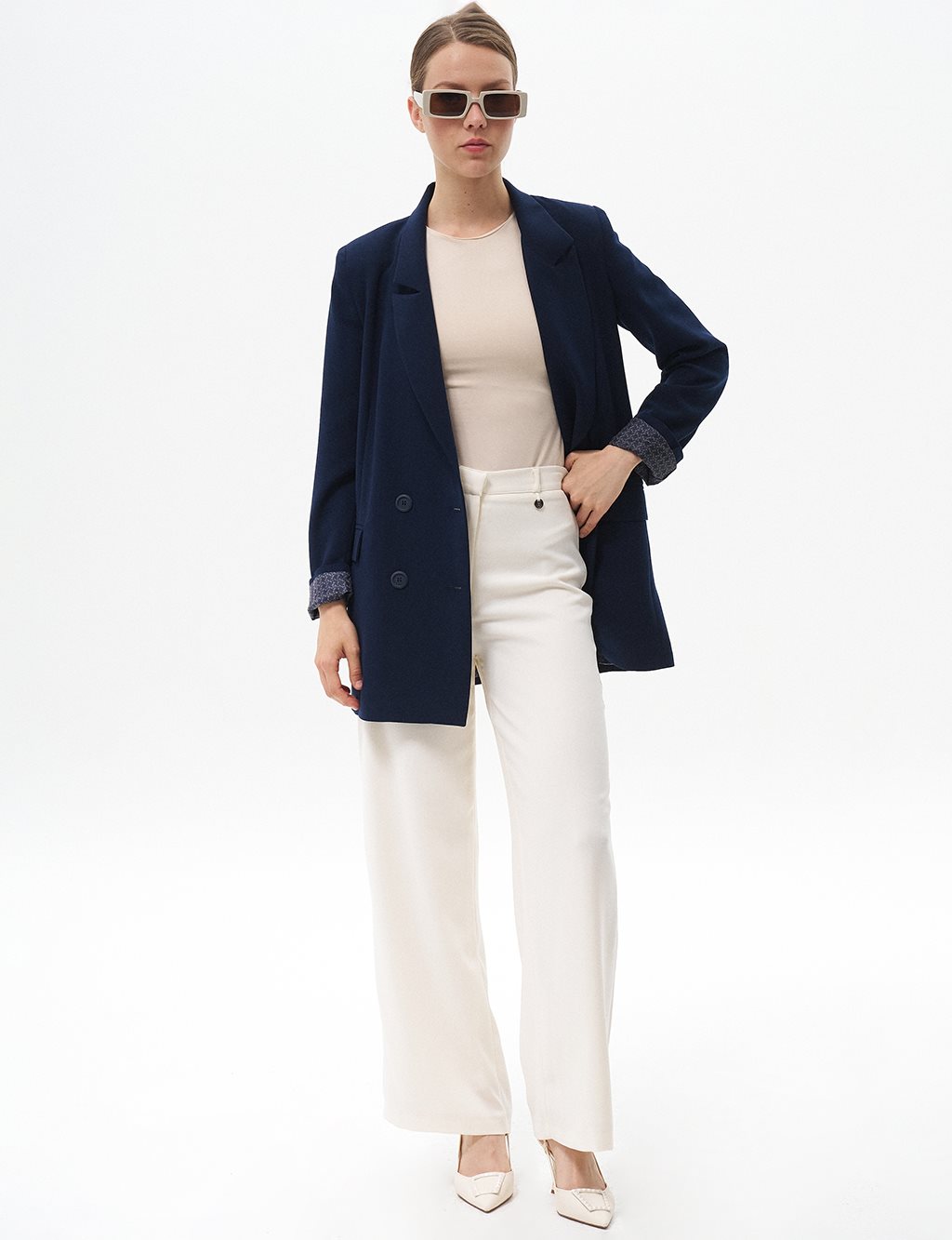 Cover Pocket Crepe Blazer Jacket Navy Blue