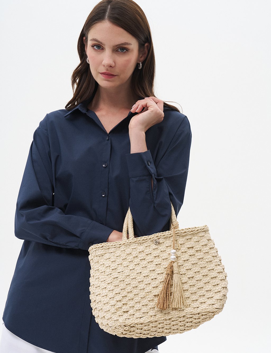 Pearl Detailed Straw Bag Cream