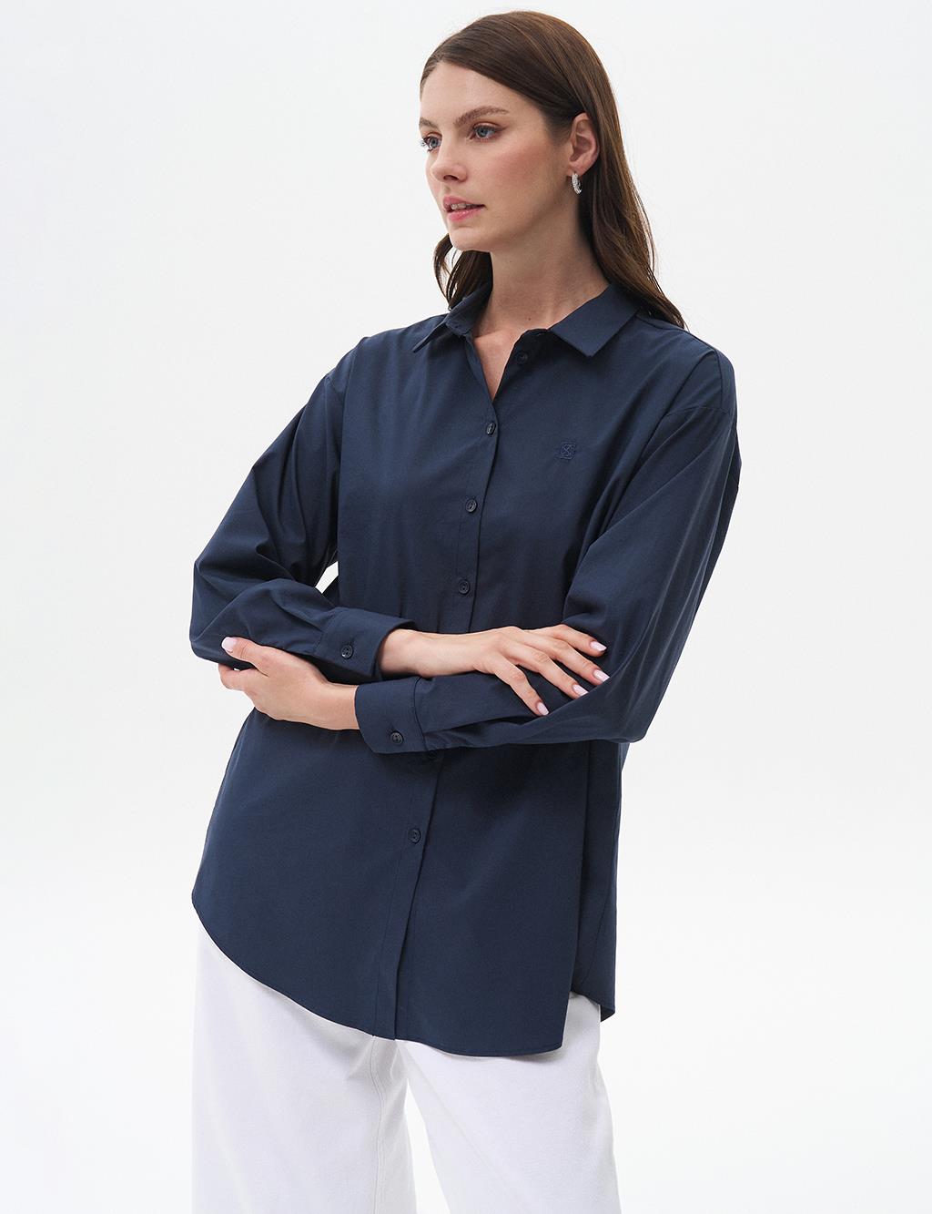 Navy Blue Poplin Shirt with Buttons