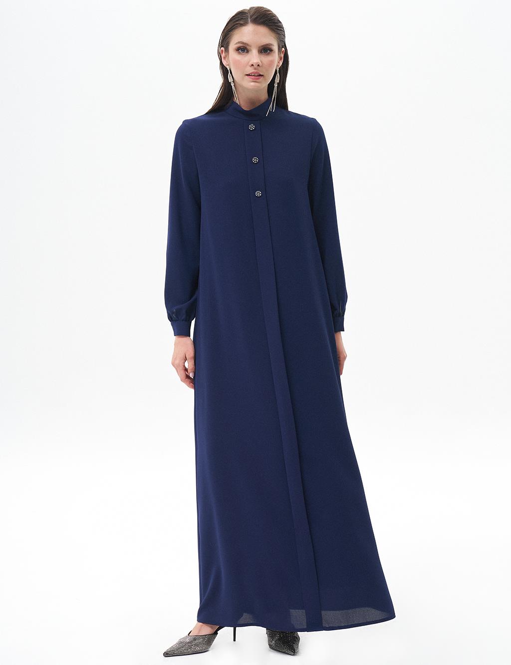 Ornamental Buttoned Abaya Navy Blue