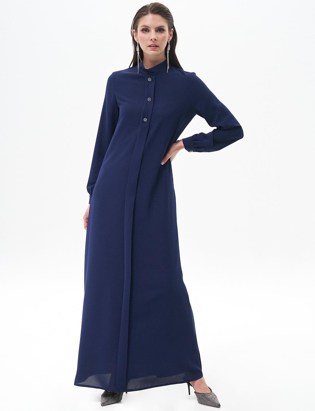 Ornamental Buttoned Abaya Navy Blue