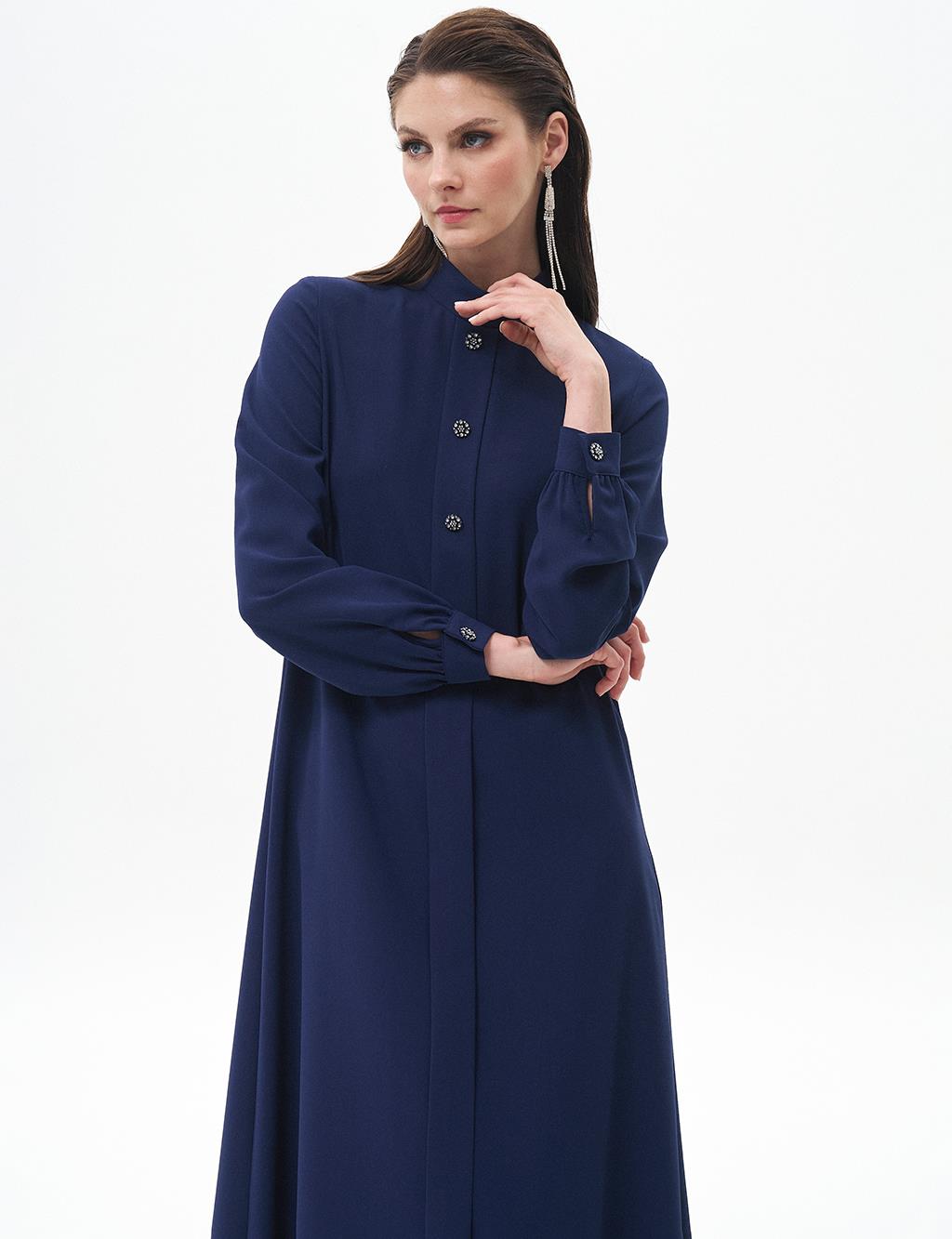 Ornamental Buttoned Abaya Navy Blue