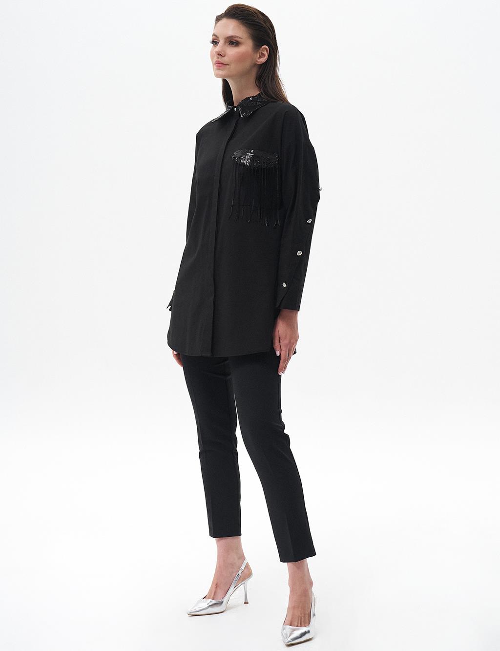 Sleeve Detailed Poplin Tunic Black