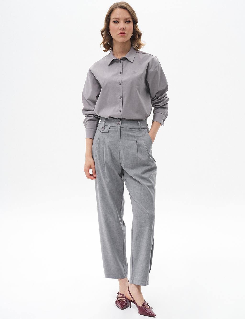 Pleated Accessory Detailed Trousers Gray