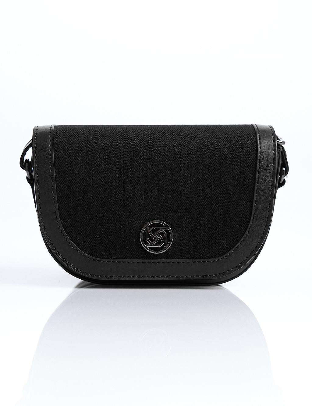 Faux Leather Mixed D Shape Canvas Shoulder Bag Black-Black