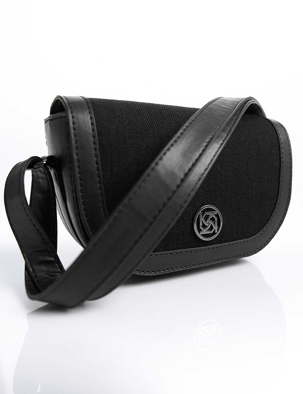 Faux Leather Mixed D Shape Canvas Shoulder Bag Black-Black