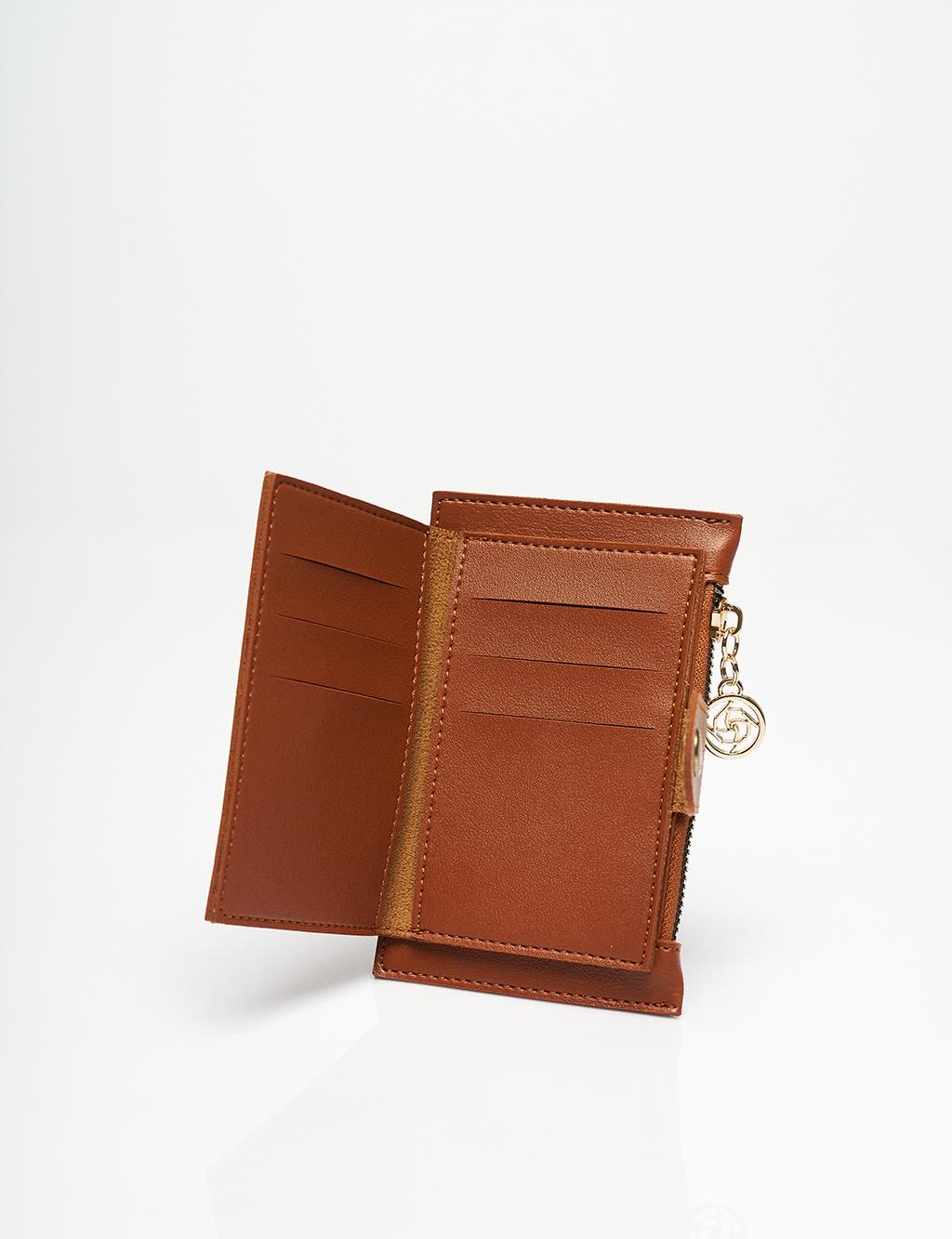 Zipper Detailed Rectangular Form Wallet Brown