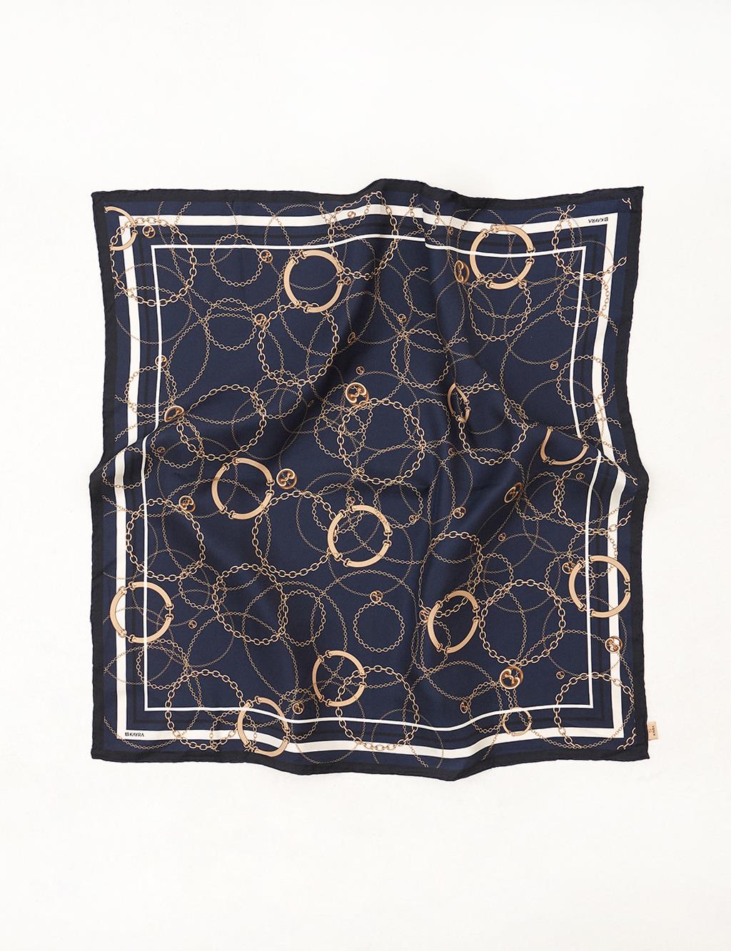 Chain Pattern Silk Scarf Navy Blue